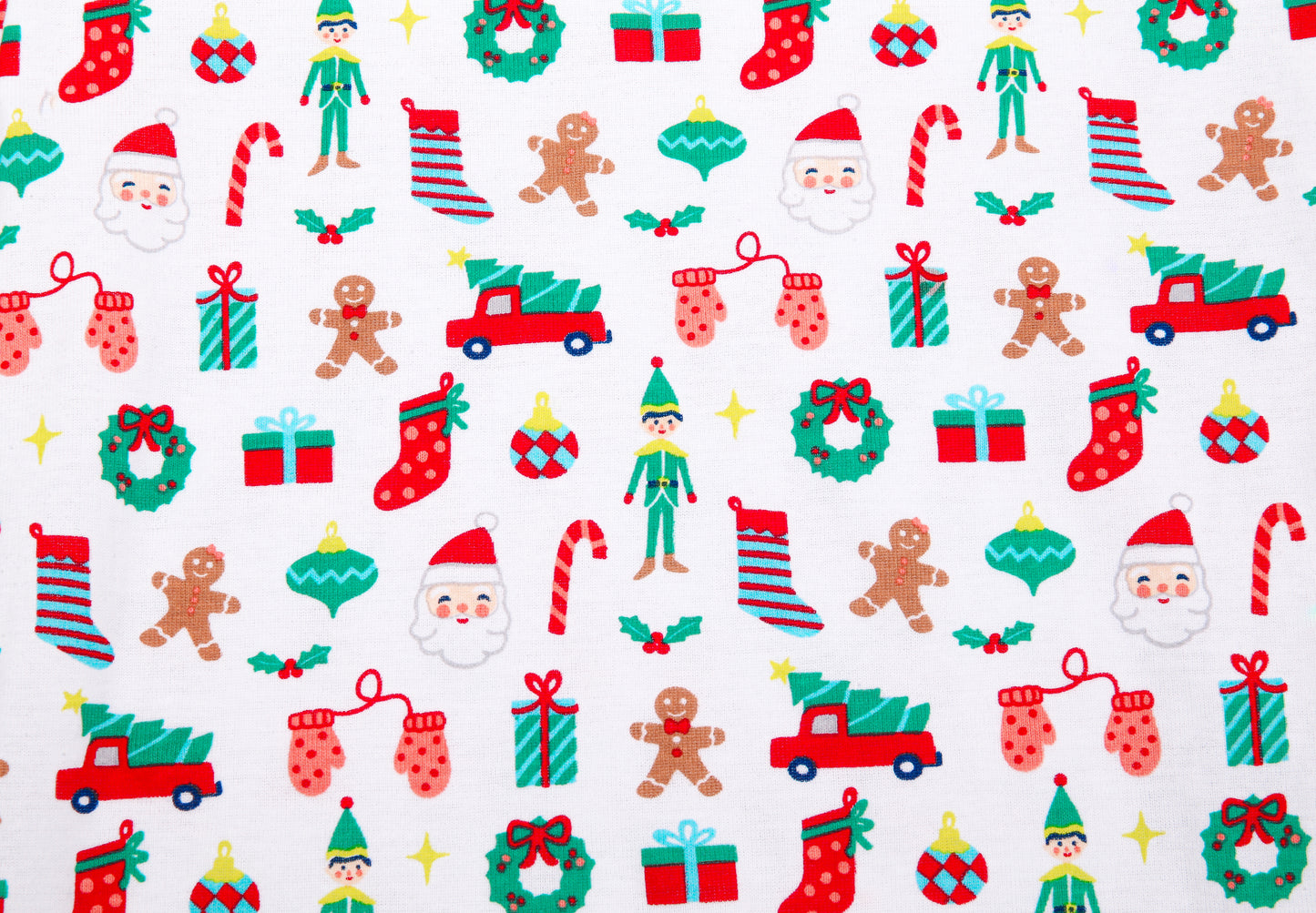 Close up of print, Christmas, festive, Santa, Elves, Classic Christmas, Holiday Ornaments, Stockings, Gingerbread, Red Trucks, pajama set.  
Pajamas are white, lightweight fabric with a vibrant Christmas print.   Pajamas are long-sleeved and made from GOTS certified, 100% organic cotton.
good morning monsters pajamas, loungewear, sleepwear, pajamas, boys, girls, baby, unisex