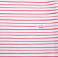 View of Pajama Set - Close up of red stripes print (with playful red stripes and our GMM logos also in red). 
 Pajamas are white fabric with the red stripes print.  Pajamas are long-sleeved and made from 100% GOTS certified organic cotton.
good morning monsters pajamas, loungewear, sleepwear, pajamas, boys, girls, baby, unisex