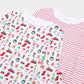 Pajama close-up - Christmas pajamas (Christmas, festive, Santa, Elves, Classic Christmas, Holiday Ornaments, Stockings, Gingerbread, Red Trucks) - and Red Stripes pajamas.  
Pajamas are white, lightweight fabric with a vibrant Christmas print and Red Stripes pajamas.   Pajamas are long-sleeved and made from GOTS certified, 100% organic cotton.
good morning monsters pajamas, loungewear, sleepwear, pajamas, boys, girls, baby, unisex