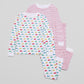 View of 2 PJ Sets side by side (Vehicles & Red Stripes) - Tops & Bottoms. Pajamas are white fabric with vibrant vehicles or bright red stripes, along with our fun GMM logo.  Pajamas are long-sleeved and made from 100% GOTS certified organic cotton.
good morning monsters pajamas, loungewear, sleepwear, pajamas, boys, girls, baby, unisex