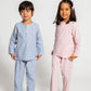 one model wearing blue and white pinstripe pajamas and the other model wearing pink and white pinstripe pajamas, good morning monsters woven pajamas, loungewear, sleepwear, loose-fitting pajamas, boys, girls, baby, unisex