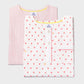 front view of pink striped pajama top and hearts print pajama top, detailed view of front placket; good morning monsters woven pajamas, loungewear, sleepwear, loose-fitting pajamas, boys, girls, baby, unisex