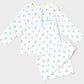 front view of robot print pajamas top and bottoms; good morning monsters woven pajamas, loungewear, sleepwear, loose-fitting pajamas, boys, girls, baby, unisex