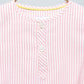 front view of pink and white pinstripes pajama top, detailed view of placket, good morning monsters woven pajamas, loungewear, sleepwear, loose-fitting pajamas, boys, girls, baby, unisex