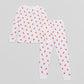 View of Pajama Set - Top & Bottom. 
 Pajamas are white fabric with a vibrant, colorful unicorn print.  Pajamas are long-sleeved and made from GOTS certified, 100% organic cotton.
good morning monsters pajamas, loungewear, sleepwear, pajamas, boys, girls, baby, unisex