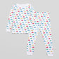 View of Pajama Set - Top & Bottom. 
 Pajamas are white fabric with a vibrant, colorful vehicles print with cars, jeeps, trucks, and buses.  Pajamas are long-sleeved and made from 100% GOTS certified organic cotton.